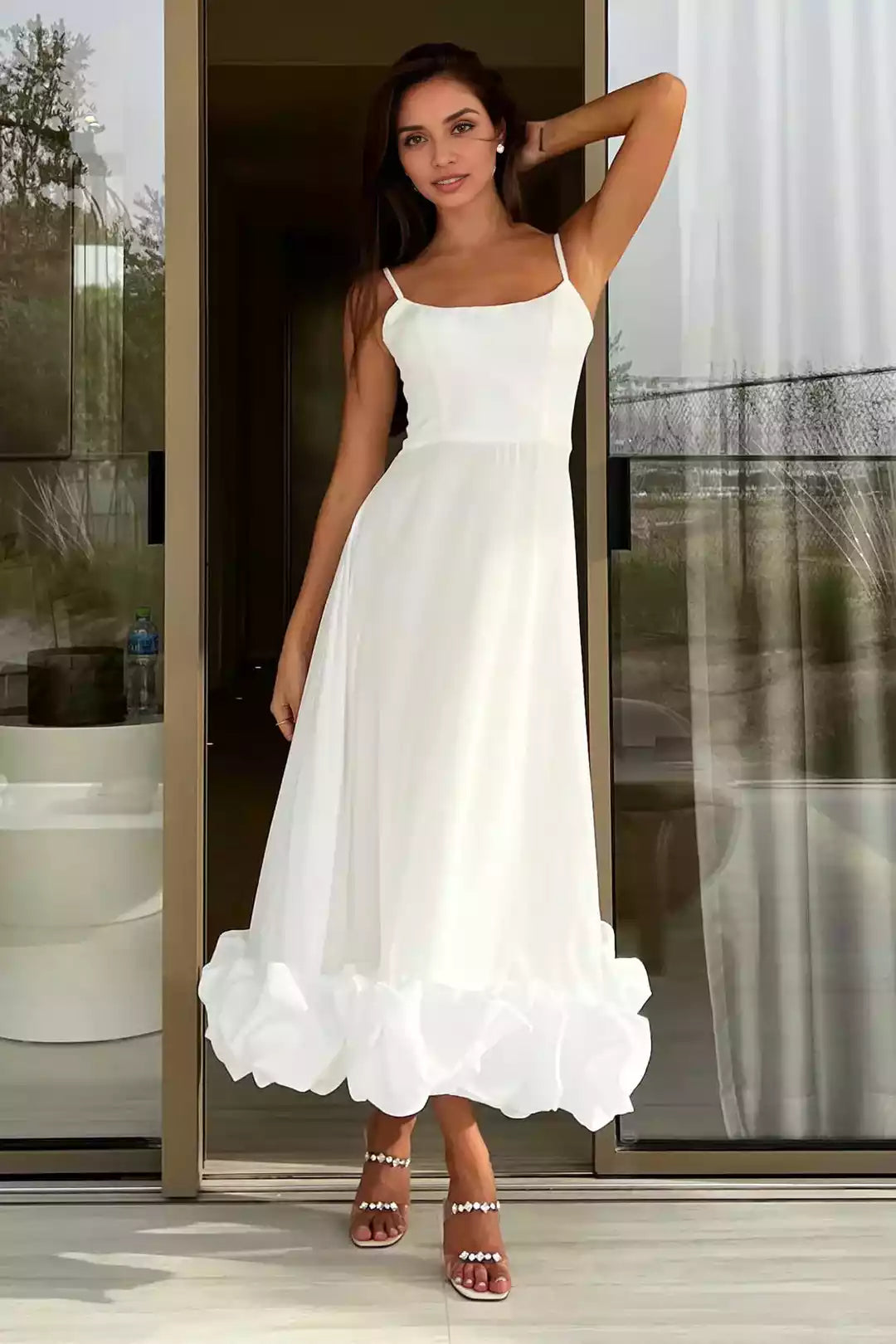 Stunning A-line satin thin shoulder strap with ruffled edges and pleated lace back Prom Dresses